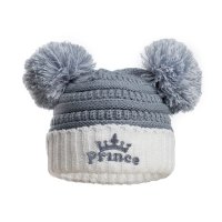 H686-DB: Dusty Blue Cable Knit Hat w/Emb & Pom Poms (0-12M)